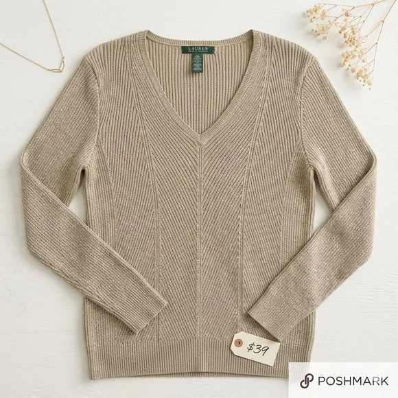 Lauren Ralph Lauren Gold Metallic V-Neck Sweater XL Shimmer Ribbed Knit - Picture 1 of 11